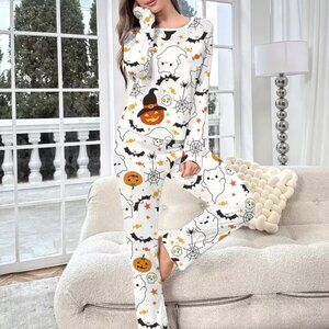 Halloween Fall Pumpkin Print Pajama Set - Soft Long Sleeve Crew Neck Top